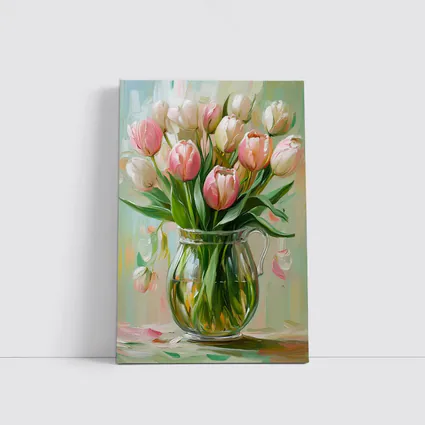 Pink Tulips Glass Vase Oil Painting