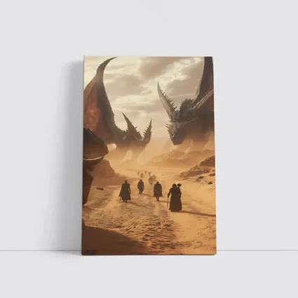 Dragons Looming Over Desert Travelers Fantasy