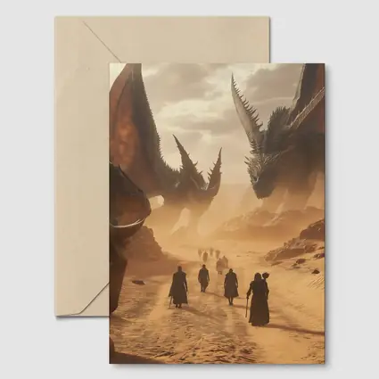 Dragons Looming Over Desert Travelers Fantasy
