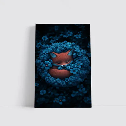 Sleeping Fox Curled In Blue Flowers
