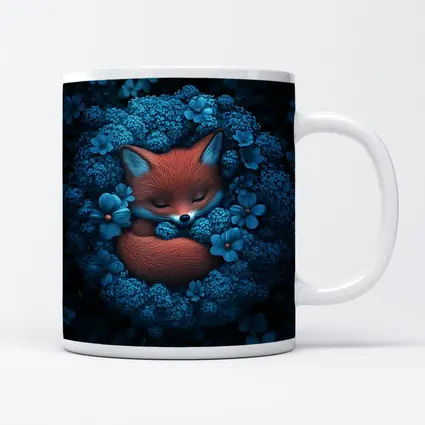 Sleeping Fox Curled In Blue Flowers