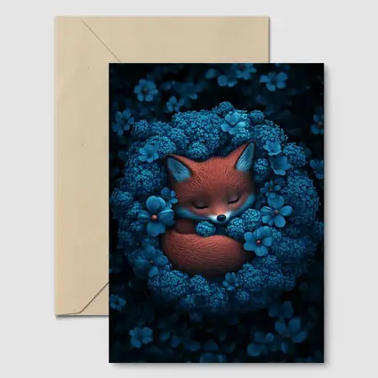 Sleeping Fox Curled In Blue Flowers
