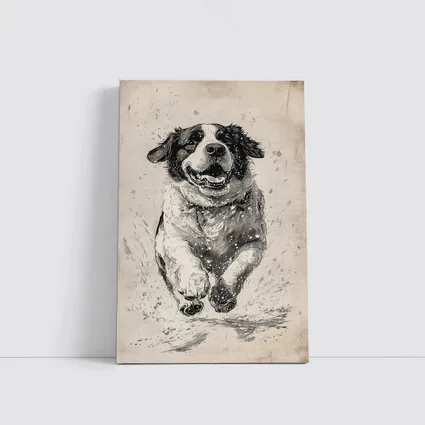 Saint Bernard Dog Running Charcoal Sketch Art