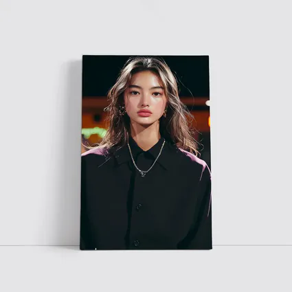 Young Asian Woman Night City Neon Background