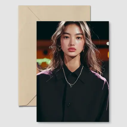 Young Asian Woman Night City Neon Background
