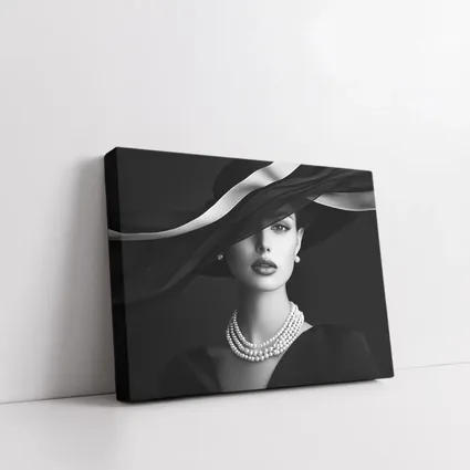 Elegant Woman Black Hat Pearl Necklace Portrait