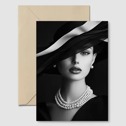 Elegant Woman Black Hat Pearl Necklace Portrait