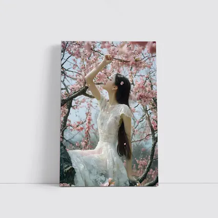 Woman in White Lace Dress Cherry Blossoms
