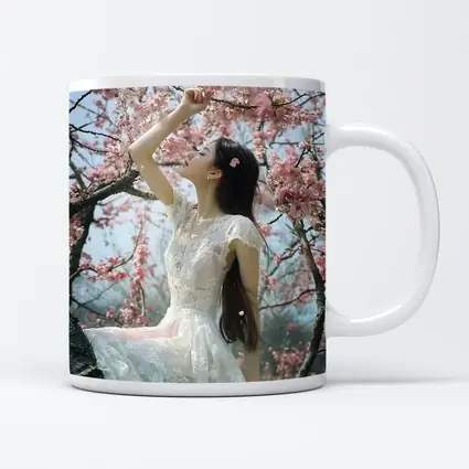 Woman in White Lace Dress Cherry Blossoms