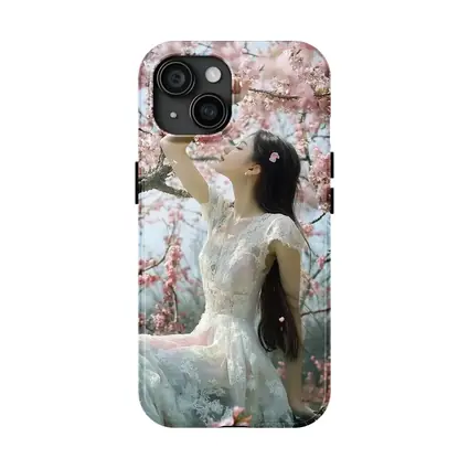 Woman in White Lace Dress Cherry Blossoms