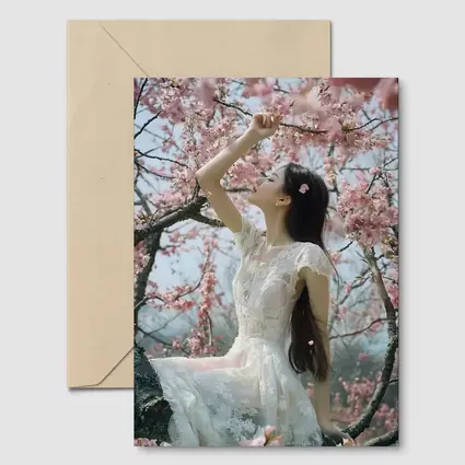Woman in White Lace Dress Cherry Blossoms