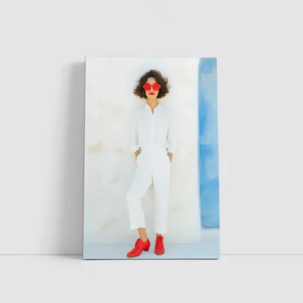Woman White Outfit Red Shoes Sunglasses