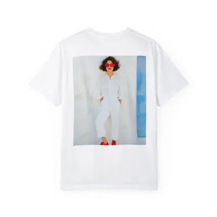 Woman White Outfit Red Shoes Sunglasses
