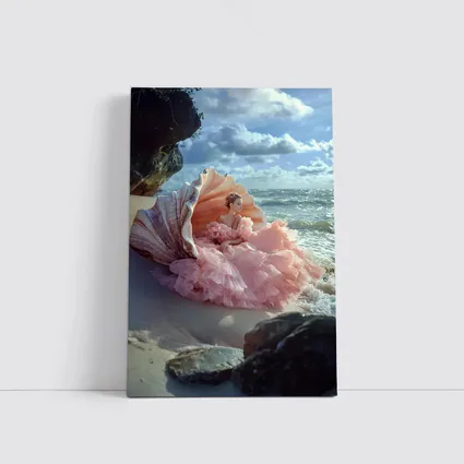 Woman Pink Gown Giant Shell Beach