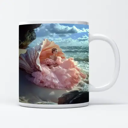 Woman Pink Gown Giant Shell Beach