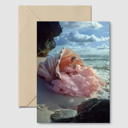 Woman Pink Gown Giant Shell Beach