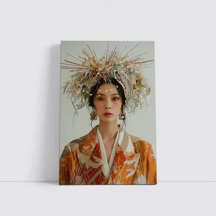 Japanese Woman Orange Kimono Ornate Headdress