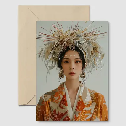 Japanese Woman Orange Kimono Ornate Headdress