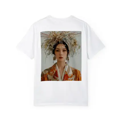 Japanese Woman Orange Kimono Ornate Headdress