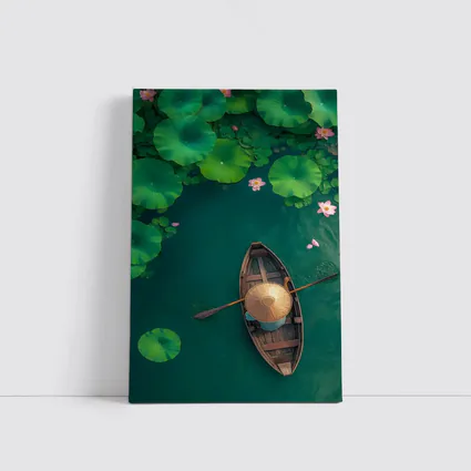 Wooden Boat Lotus Pond Green Water