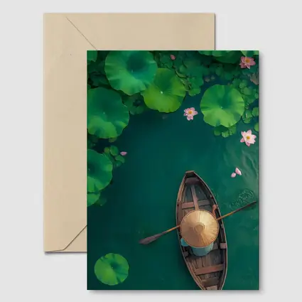 Wooden Boat Lotus Pond Green Water