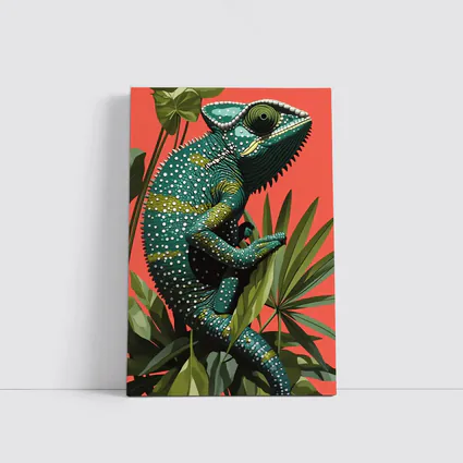 Teal Chameleon Climbing Tropical Plants Red Background