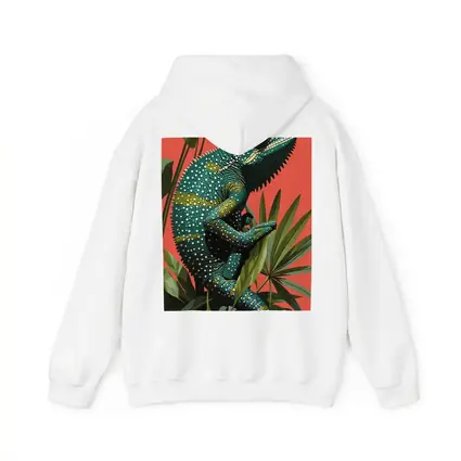 Teal Chameleon Climbing Tropical Plants Red Background