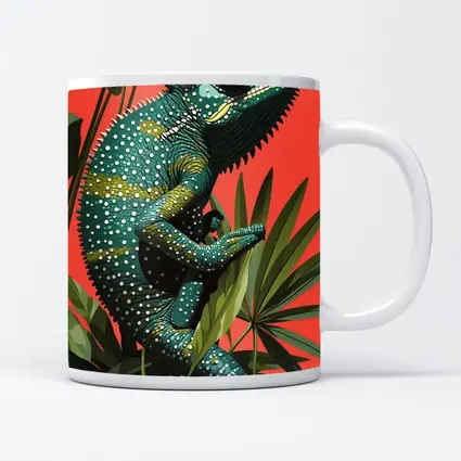 Teal Chameleon Climbing Tropical Plants Red Background