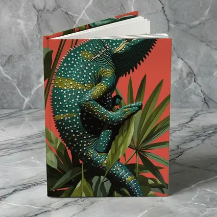 Teal Chameleon Climbing Tropical Plants Red Background