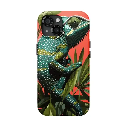 Teal Chameleon Climbing Tropical Plants Red Background