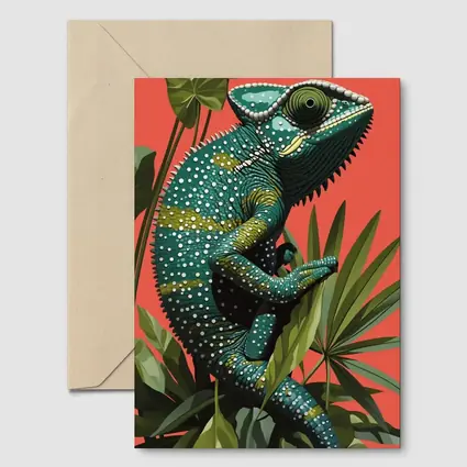 Teal Chameleon Climbing Tropical Plants Red Background