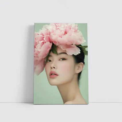 Asian Woman Pink Peonies Green Background Portrait