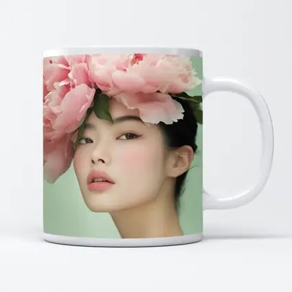 Asian Woman Pink Peonies Green Background Portrait