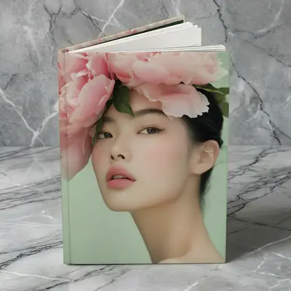 Asian Woman Pink Peonies Green Background Portrait