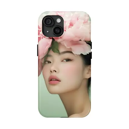 Asian Woman Pink Peonies Green Background Portrait