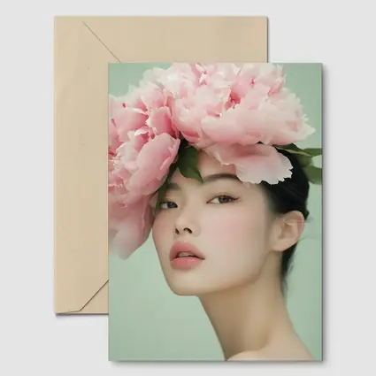 Asian Woman Pink Peonies Green Background Portrait