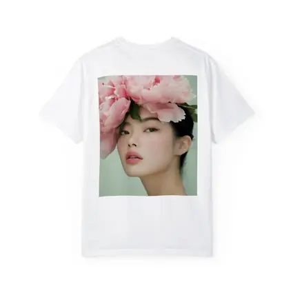 Asian Woman Pink Peonies Green Background Portrait