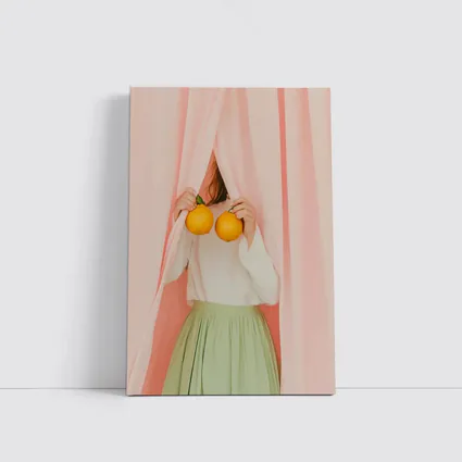 Woman Holding Oranges Pink Curtain Background