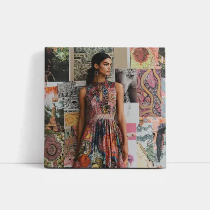 Boho Print Dress Woman Collage Background