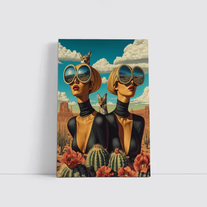 Twin Women Desert Foxes Surreal Pop Art