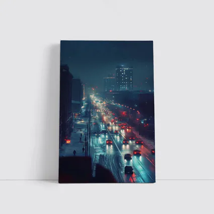 Snowy City Street Night Traffic Lights