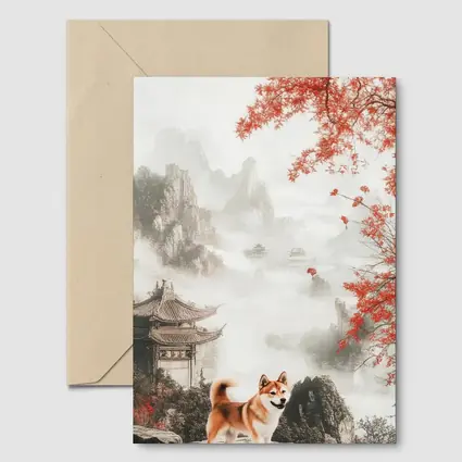 Shiba Inu Dog Chinese Ink Landscape Art