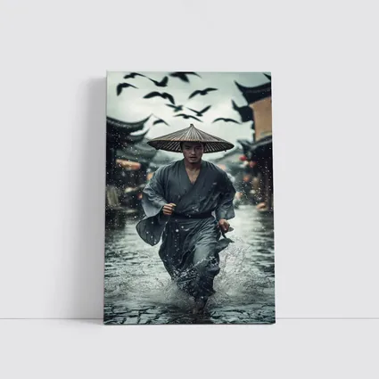 Samurai Running Through Rainy Ancient Street