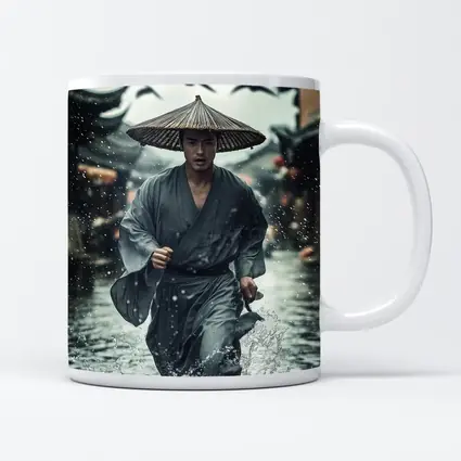 Samurai Running Through Rainy Ancient Street