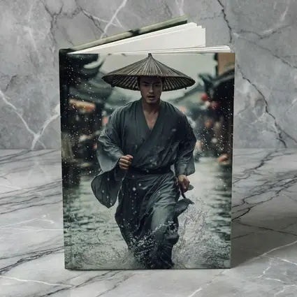 Samurai Running Through Rainy Ancient Street