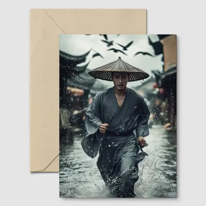 Samurai Running Through Rainy Ancient Street