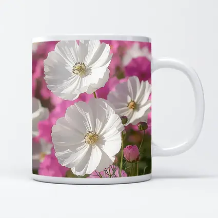 White Cosmos Flowers Pink Field Blue Sky