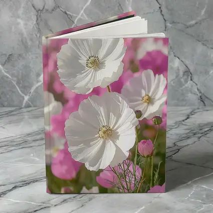 White Cosmos Flowers Pink Field Blue Sky