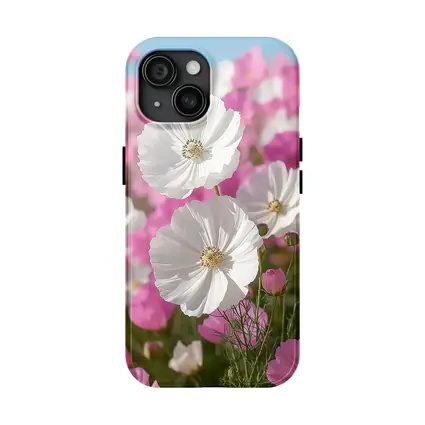 White Cosmos Flowers Pink Field Blue Sky