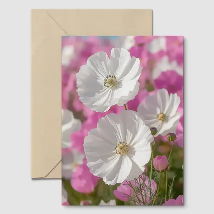 White Cosmos Flowers Pink Field Blue Sky